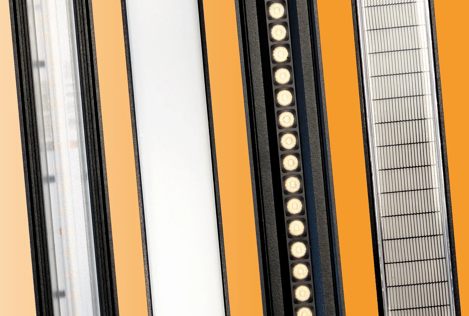 Four Energyline 44 profiles side by side on orange, each fitted with a different optic: clear lens, opal diffuser, micro louvre and wall-grazer louvre