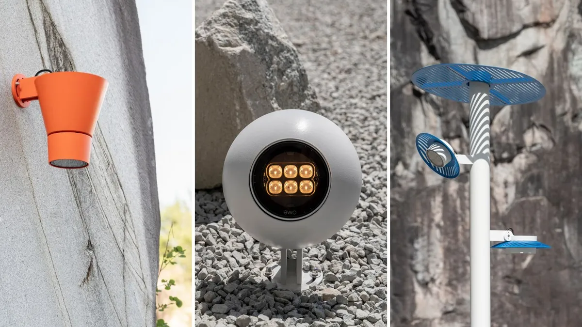 Three Chameleon configurations side by side: a cone shade in orange on a wall bracket, a round head in a pale finish on a ground spike showing its ring of LEDs, and a pole carrying two heads.