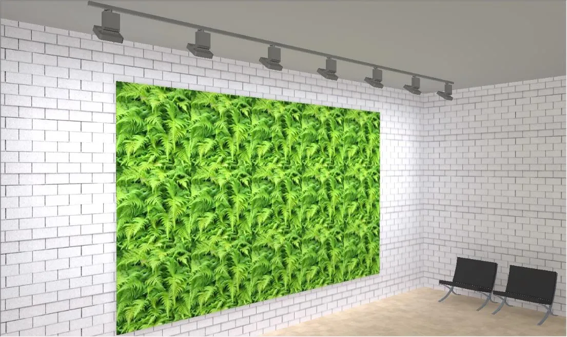 A rendered room with white brick walls and a green living wall along one side, lit by a row of track spotlights aimed across the planting from the ceiling.