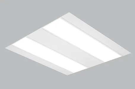 A rendered square recessed troffer, its diffuser split into three lit bars across the face.