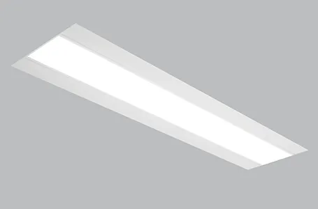 A rendered linear recessed troffer, long and narrow, with a single continuous lit strip down its length.