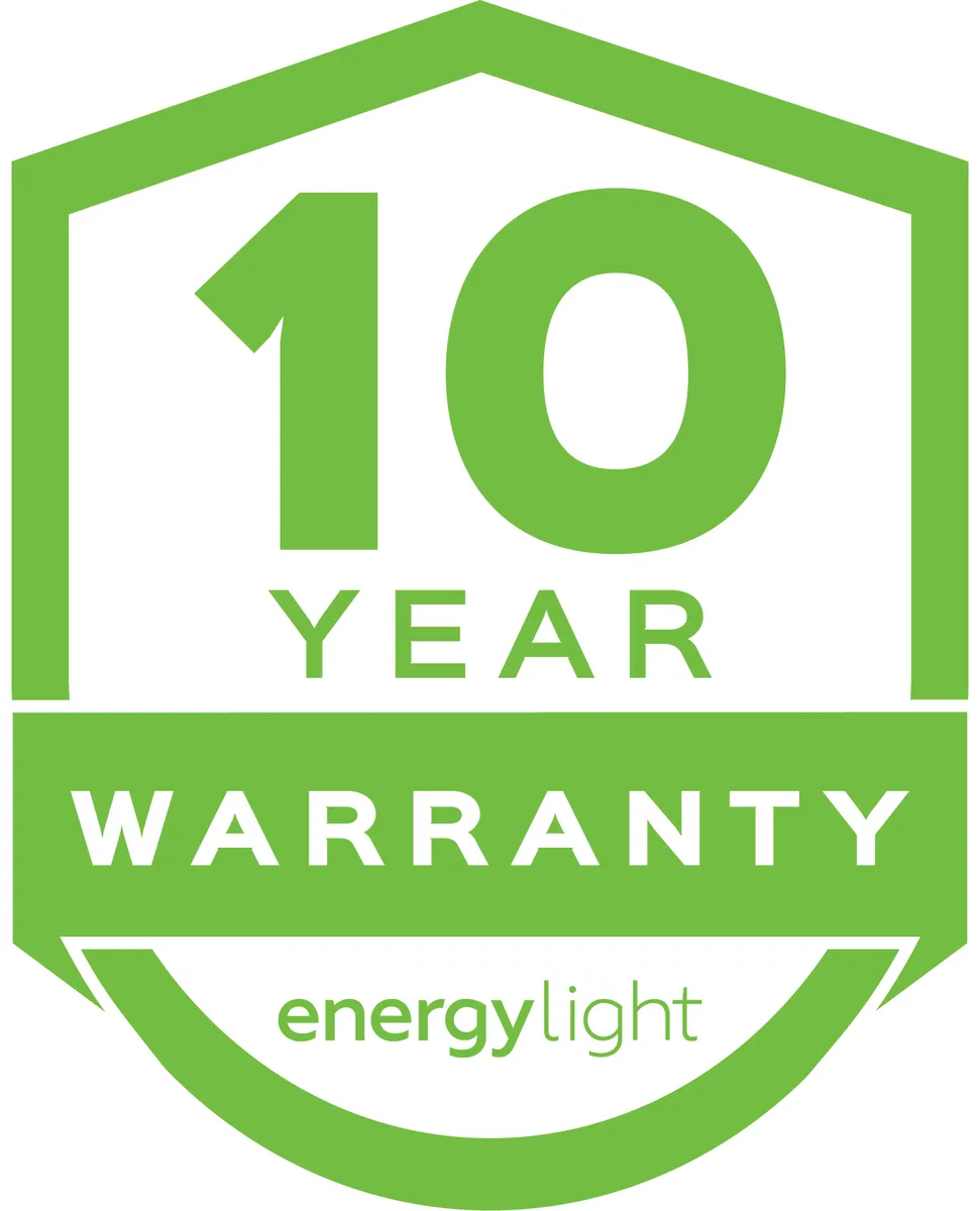 A green shield badge reading 10 year warranty, with the Energylight mark beneath it.