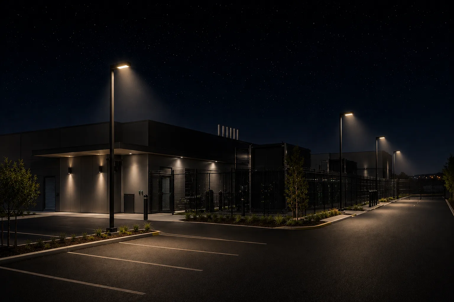 Pole-top luminaires lighting the approach, car park and secure perimeter of a data centre at night