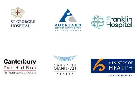 Six healthcare logos: St George's Hospital, Auckland District Health Board, Franklin Hospital, Canterbury District Health Board, Counties Manukau Health and the Ministry of Health, Manatū Hauora.