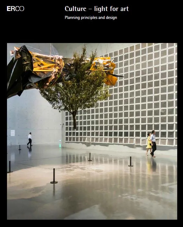 The cover of ERCO's guide Culture, light for art, subtitled planning principles and design, showing a gallery with a large suspended sculpture over a polished floor.
