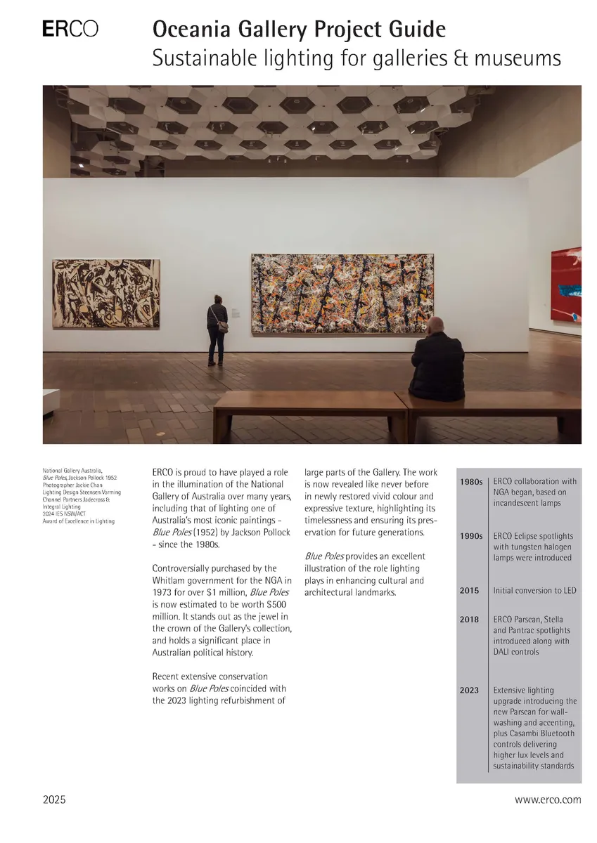 A page from ERCO's Oceania Gallery Project Guide on sustainable lighting for galleries and museums. A gallery hangs two large abstract canvases under a coffered ceiling, with a timeline of the lighting refurbishment set out beside the photograph.