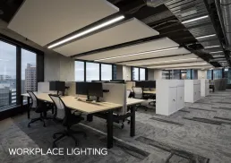 An open plan office captioned workplace lighting: rows of desks and monitors under long recessed lines of light, with a city view along the glazed wall.