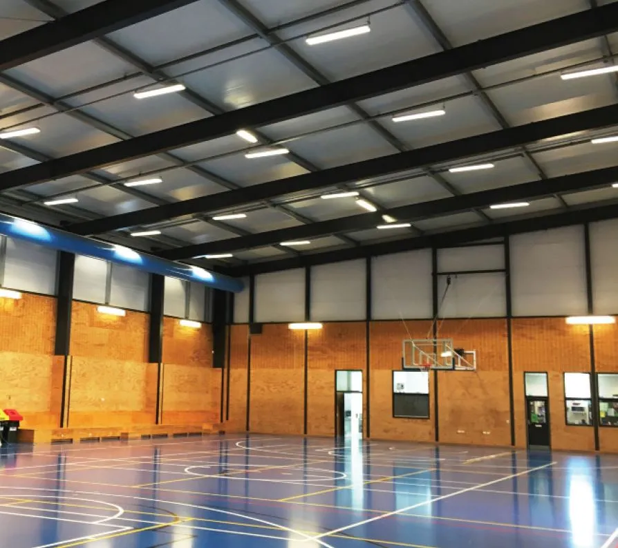 An indoor sports hall with a blue court and painted markings, basketball hoops folded up at each end, and rows of linear luminaires between the roof beams alongside the rooflights.