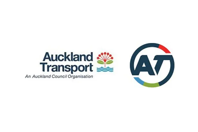 The Auckland Transport logo, in two forms: the wordmark with its koru and water motif, and the circular AT monogram in red, green and blue.