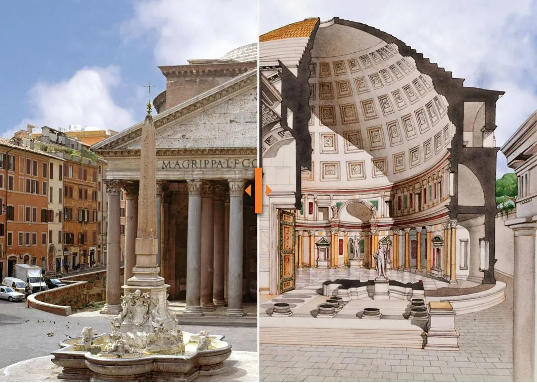 The Pantheon in Rome, paired with a cutaway drawing. On the left, the portico and its columns behind the fountain in the piazza; on the right, an illustration cutting the building open to show the coffered dome and the rotunda floor beneath it.