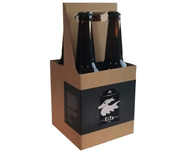 A four-pack of amber bottles in a kraft carrier, the label carrying a bird in flight and the name R.I.P.A.