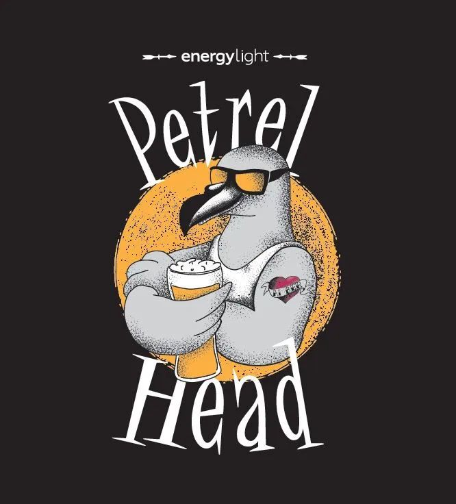 The finished Petrel Head artwork: a cartoon petrel in sunglasses against an orange disc, arms folded around a glass of beer, tongue out, with the Energylight mark above and Petrel Head lettered in brush script around it.