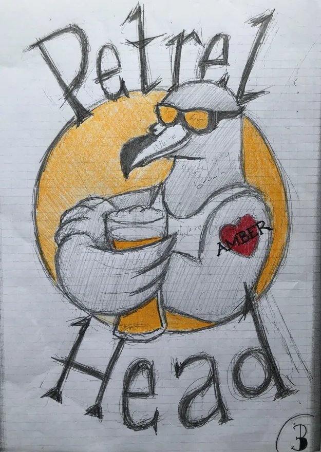 The original pencil sketch for the same design, drawn on paper. The bird, the disc and the lettering are all there in rough, and it carries a heart tattoo reading Amber on its arm.