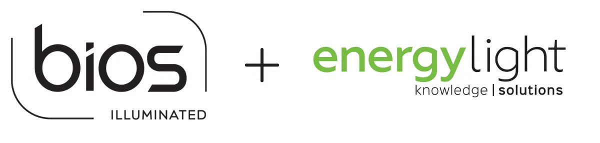 Two logos joined by a plus sign — BIOS Illuminated and Energylight — marking the partnership between them.