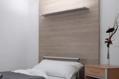 A patient room with a timber headboard wall and a slim linear luminaire recessed above the bed, made up in white linen with a single flower stem on the cabinet beside it.