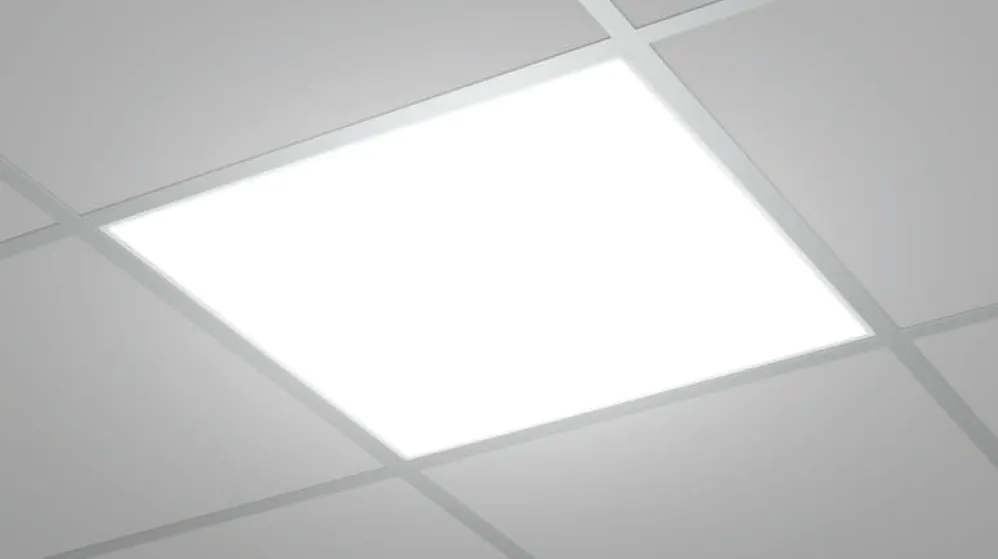 A third recessed panel lit in a suspended ceiling, completing the set being compared.
